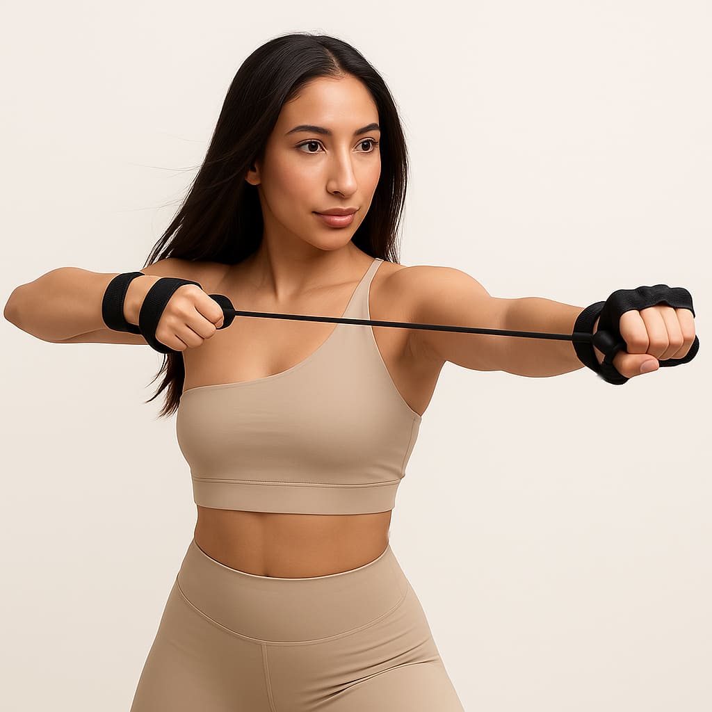 Woman using Herbionyx FlexGlide Band for resistance training in stylish workout attire.