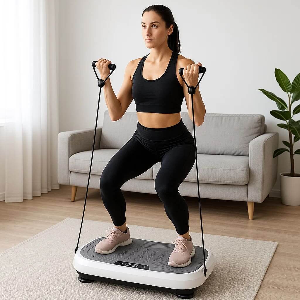 Woman using Herbionyx NeoShake vibration platform for fitness training at home.