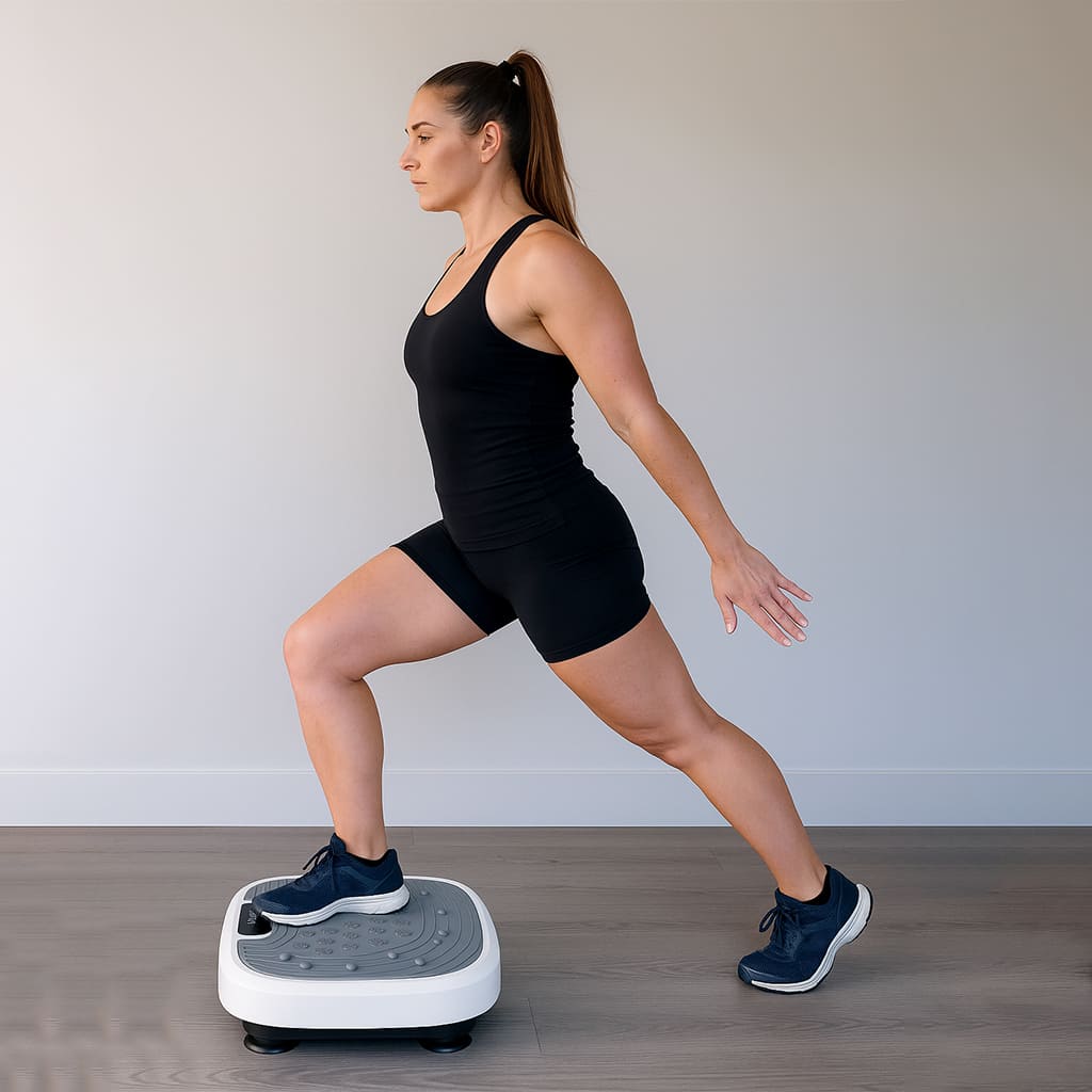 Woman performing a lunge exercise on the Herbionyx NeoShake vibration platform at home.
