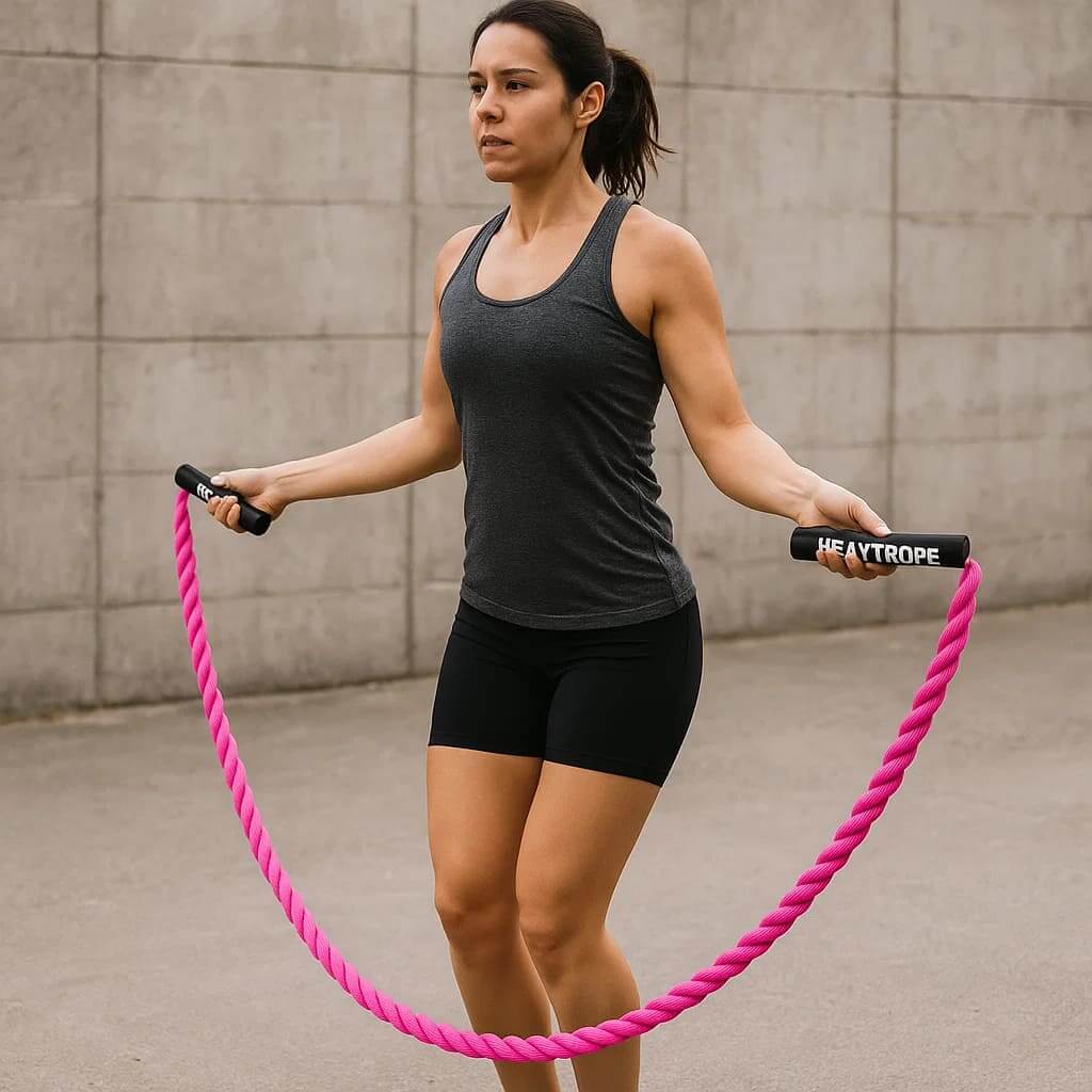 Woman using Herbionyx PowerPulse heavy jump rope for strength and endurance training outdoors.