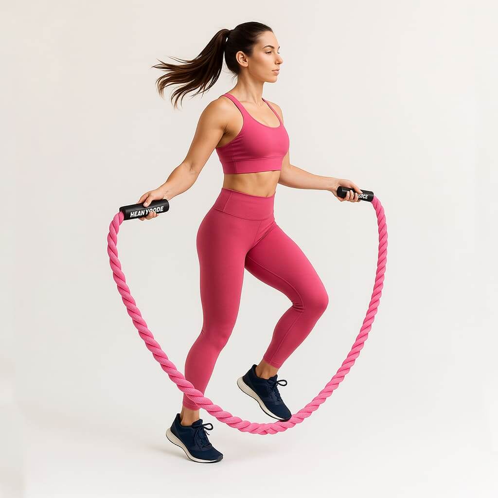 Woman using Herbionyx PowerPulse heavy jump rope for explosive strength and endurance training.