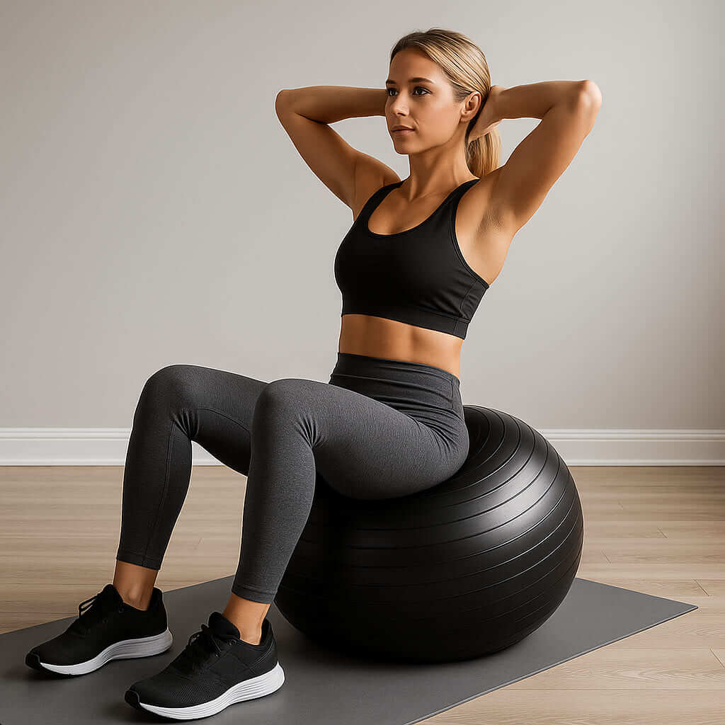 Woman exercising on Herbionyx ZenBall for balance and core strength in a stylish home setting.