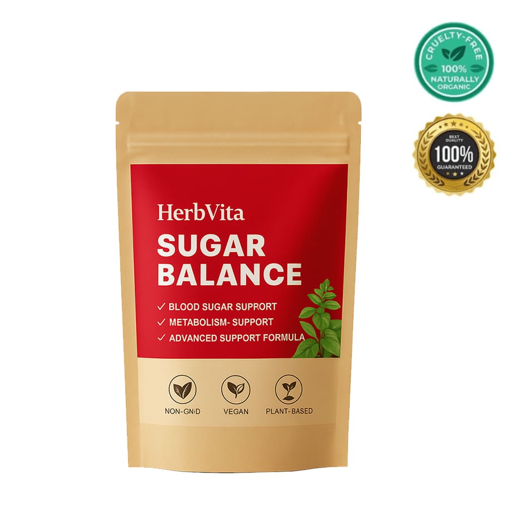 HerbVita Sugar Balance tea packaging for blood sugar support, vegan, non-GMO, and plant-based formula.