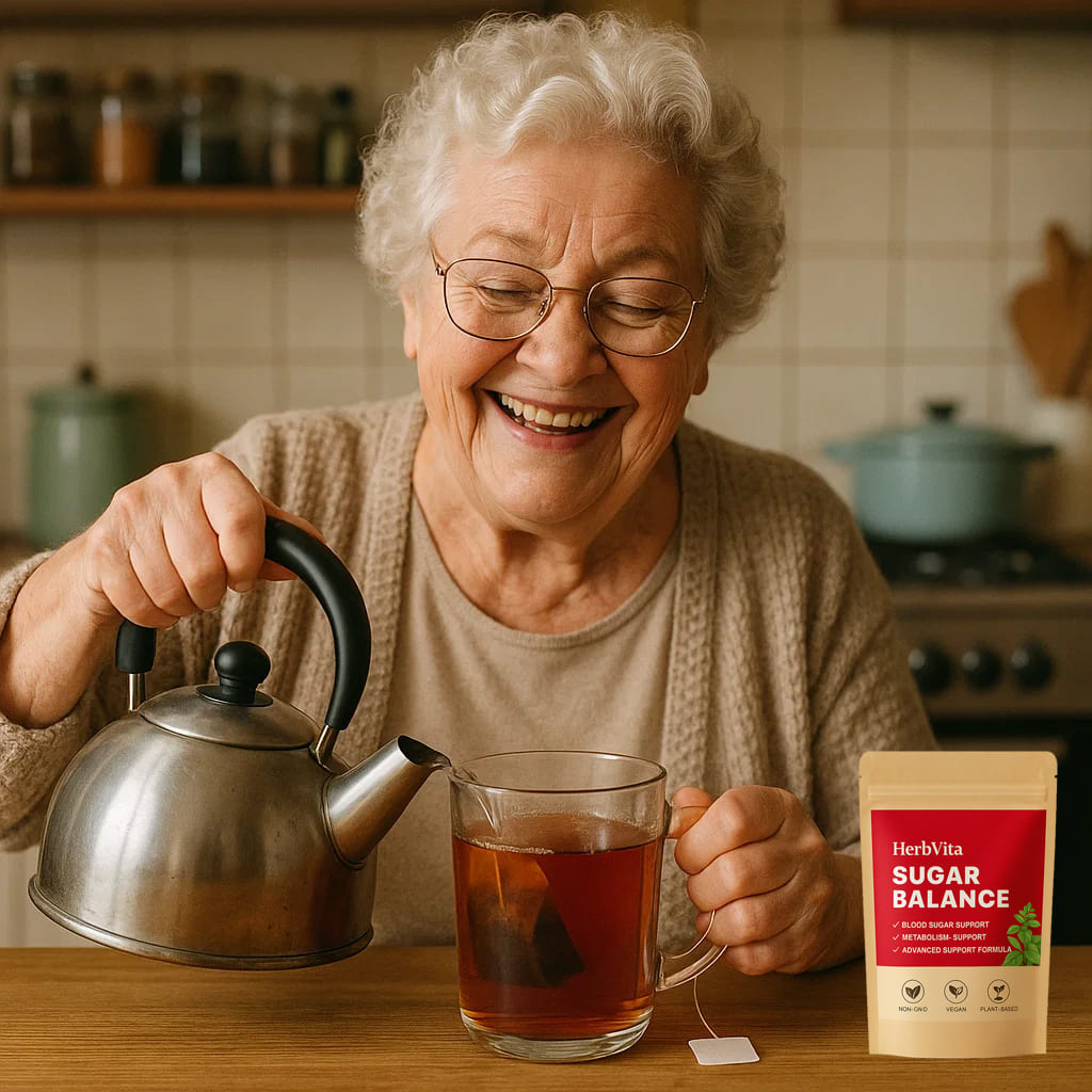 Smiling elderly woman pouring HerbVita Blood Sugar Tea into a cup, showcasing a healthy lifestyle and natural glucose support.