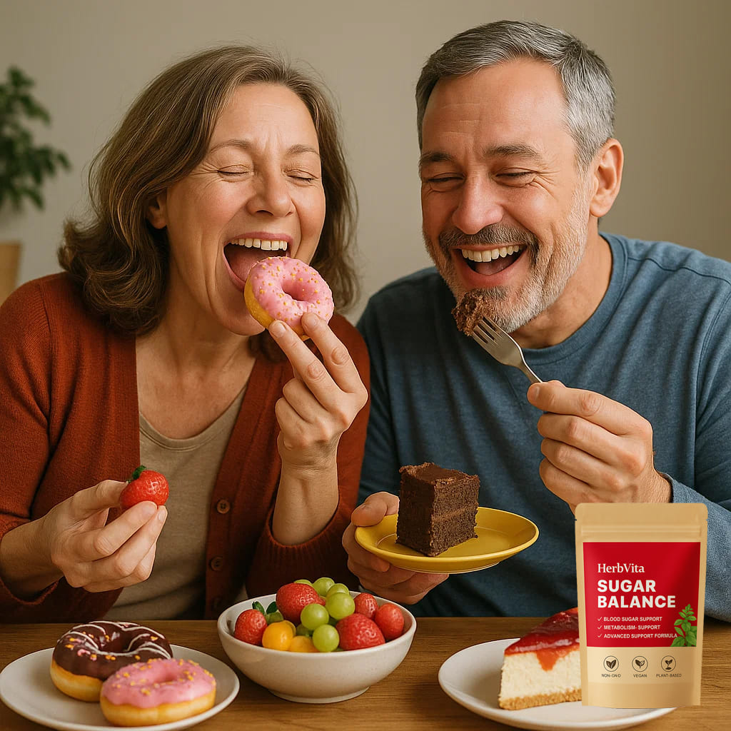 Couple enjoying dessert with HerbVita Sugar Balance tea pack on table, promoting blood sugar health.