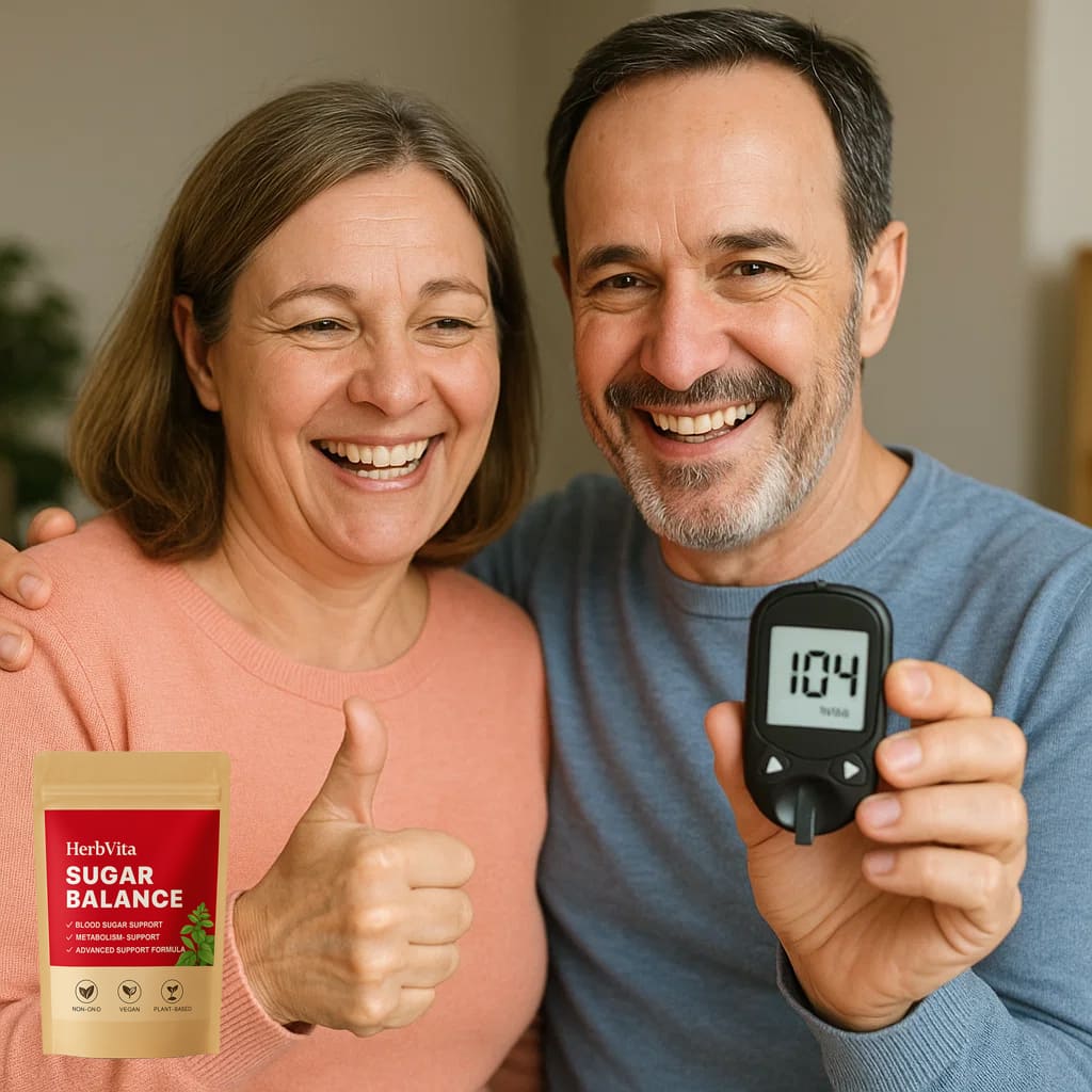 Happy couple showing thumbs up with HerbVita Blood Sugar Tea and glucose monitor indicating healthy levels.