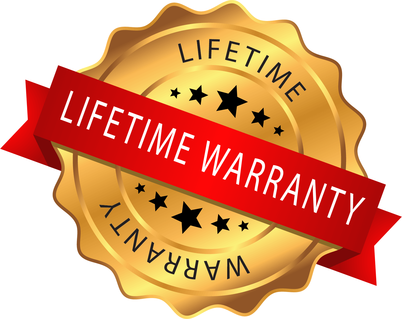 Gold seal with red ribbon and text 'Lifetime Warranty' indicating product durability and assurance.